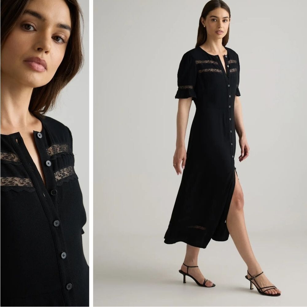 NWT Quince Dress Viscose Button Front Lace trim True Black Midi Size S - Picture 13 of 16